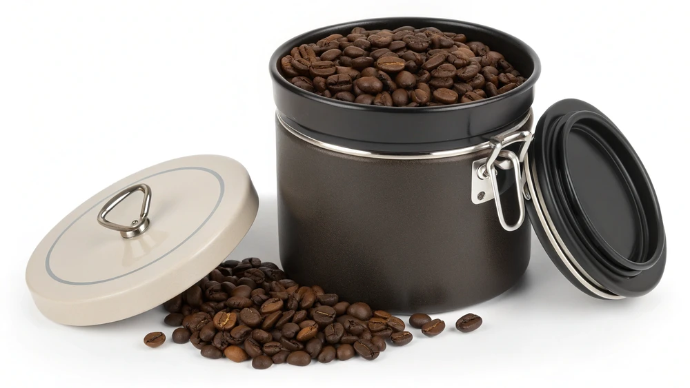 Whole coffee beans stored in airtight container with one-way valve