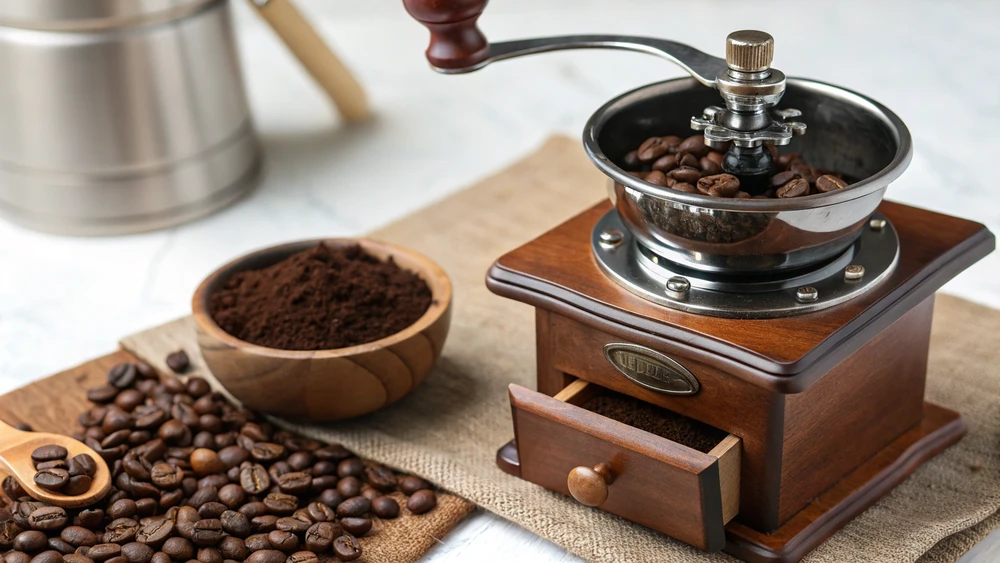 Burr coffee grinder with freshly ground coffee