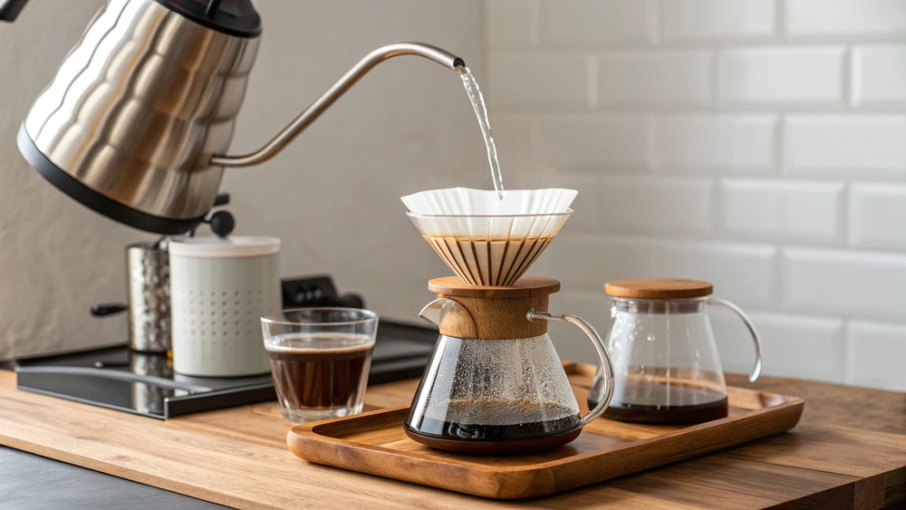 Filtered water being poured into coffee brewing equipment