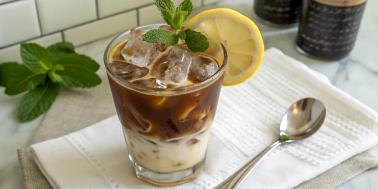 Tall glass of iced coffee with lemon slice and rosemary garnish