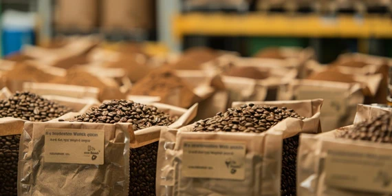 Specialty coffee bags showing origin information and roast dates