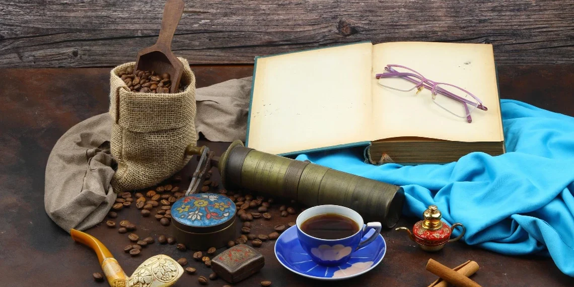 Ancient coffee berries and traditional coffee preparation showing coffee's historical origins