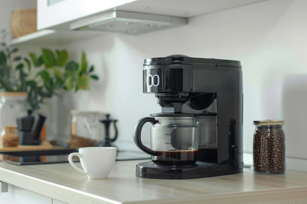 Modern drip coffee maker on kitchen counter with coffee beans and mug