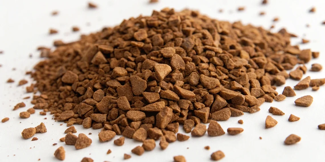 Freeze-dried instant coffee crystals showing angular granules texture