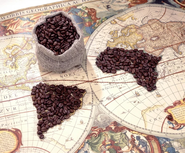 Historical map showing coffee trade routes from Ethiopia to Europe and Americas