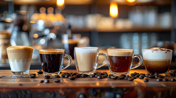 Various popular coffee drinks including espresso, americano, latte and cappuccino
