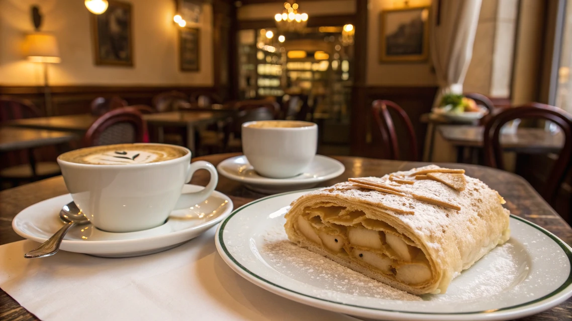 Viennese coffee goes well with pastries like Apple Strudel or Sacher Torte