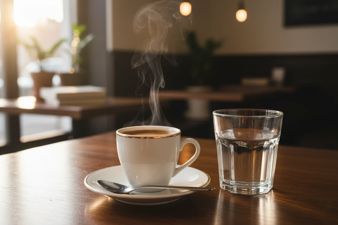 A rich, aromatic espresso shot sits elegantly in a fine porcelain cup, glistening under soft, warm light. Next to it, a clear glass of still water reflects the gentle illumination, showcasing its purity. The background is softly blurred, hinting at a cozy café ambiance with wooden tables and subtle greenery, enhancing the relaxing atmosphere. The focus is on the espresso and water, creating a harmonious composition that emphasizes their complementary relationship. A slight steam rises from the espresso, suggesting its warmth and inviting aroma. The image captures a serene moment, conveying the sophistication and ritual of savoring espresso with water, inviting the viewer to appreciate its benefits.