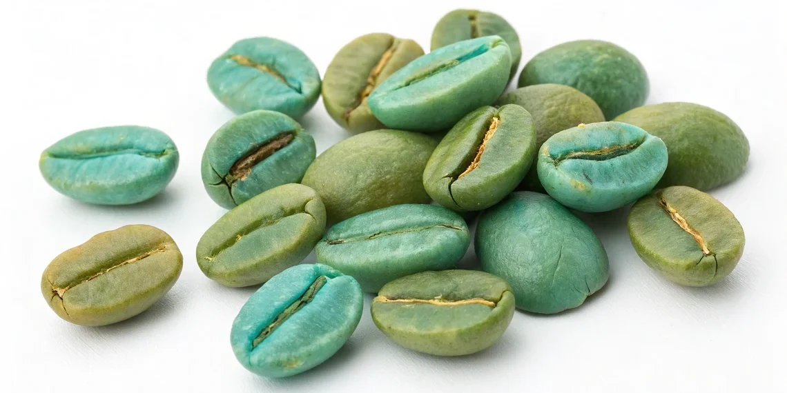 Ethiopian Yirgacheffe coffee beans with distinct green-blue color before roasting