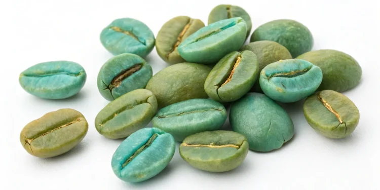 Ethiopian Yirgacheffe coffee beans with distinct green-blue color before roasting
