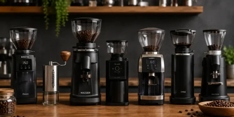 Lineup of coffee grinders from different brands including Baratza, Comandante, and Mazzer models