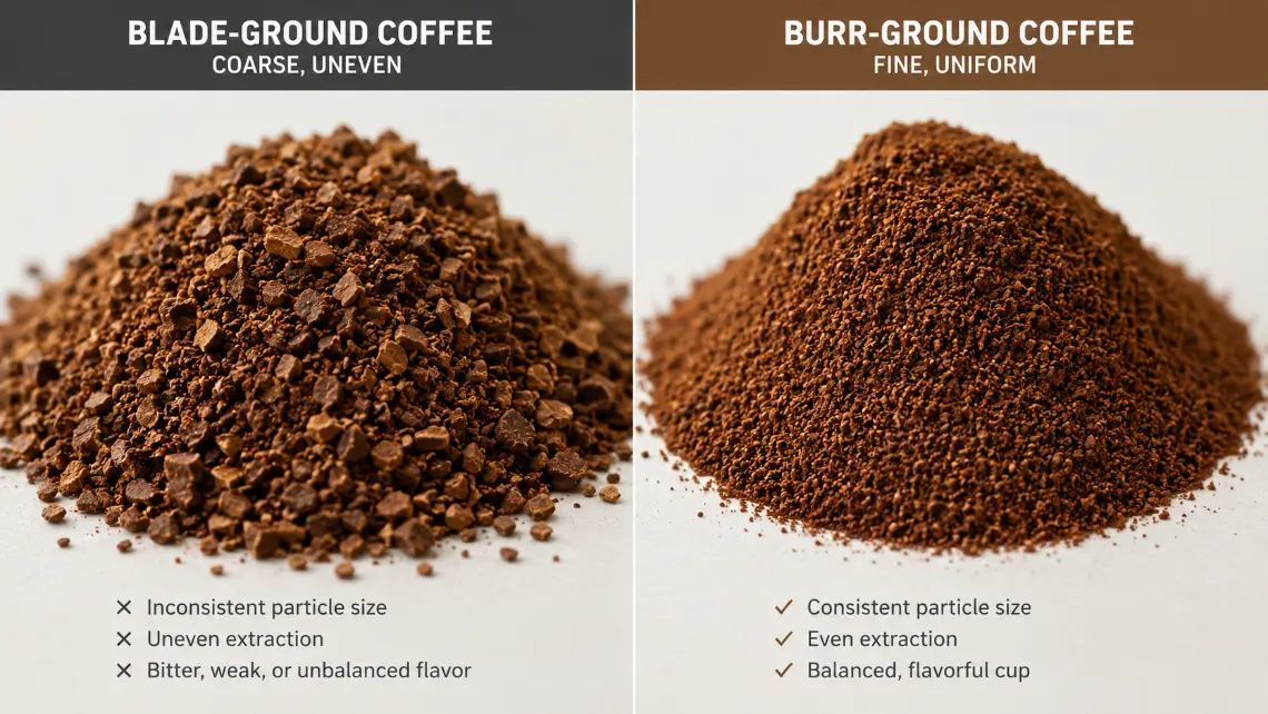Side-by-side comparison of coarse, uneven blade-ground coffee and fine, uniform burr-ground coffee