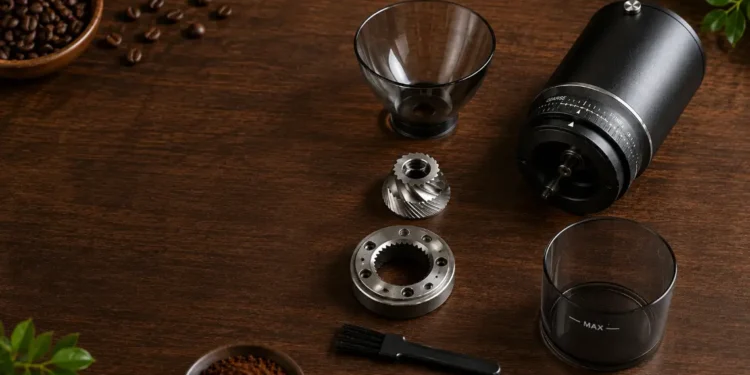 Labeled coffee grinder parts including burrs, hopper, and grind adjustment collar