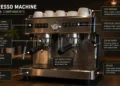 Labeled espresso machine parts including group head, boiler, and portafilter