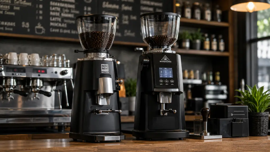 Commercial-grade Mazzer and Mahlkönig coffee grinders on a café counter