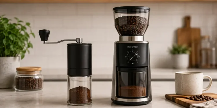 Several types of coffee grinders, including a burr grinder and a manual hand grinder, arranged on a wooden counter